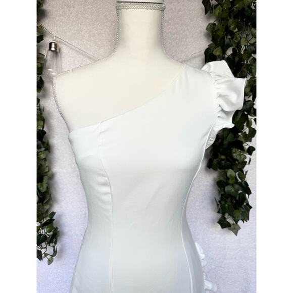 DO + BE White Ruffled One Sleeve Asymmetrical Mini Dress Small - Picture 3 of 14